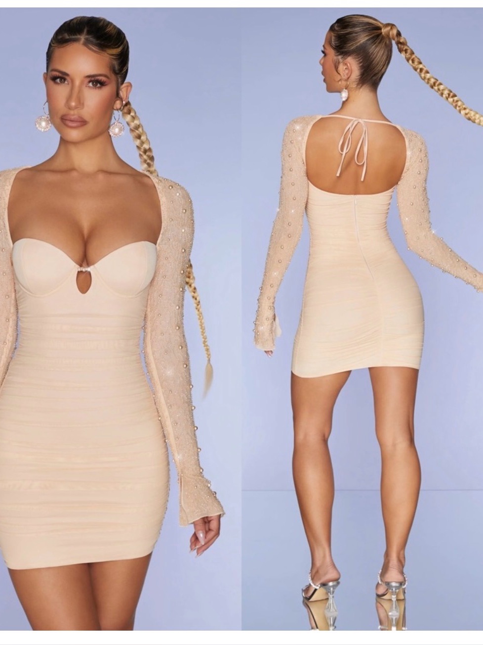 Oh Polly St Germain Long Sleeve Embellished Mini Dress In Sand Us 4